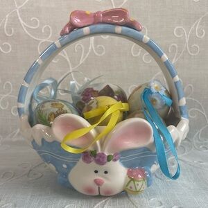 Porcelain Easter Bunny Basket with 8 Beautiful 2.75" Egg Ornaments included